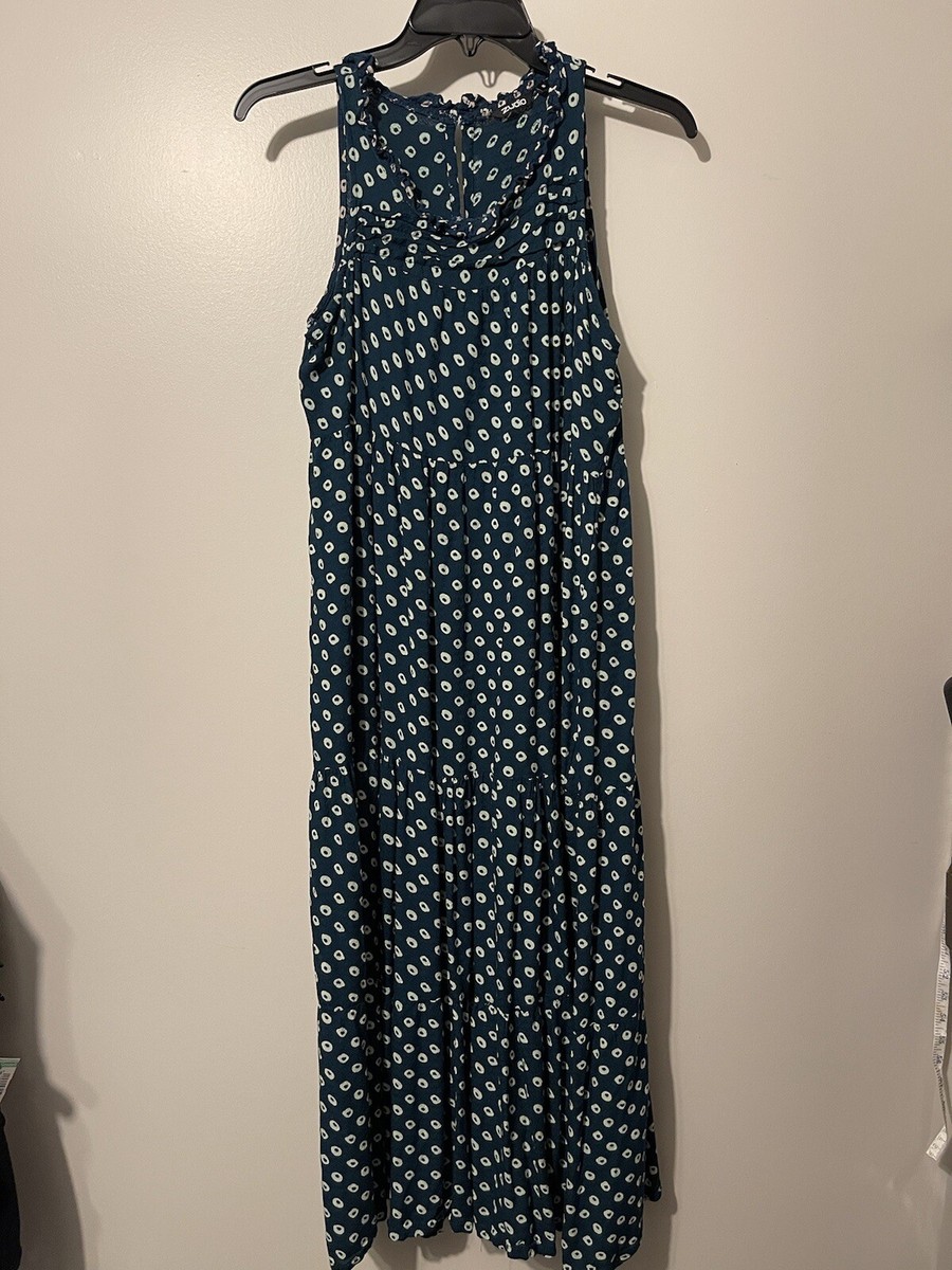 Zudio Women's Half Ruffle Sleeveless Green Dots Midi Dress Small | eBay