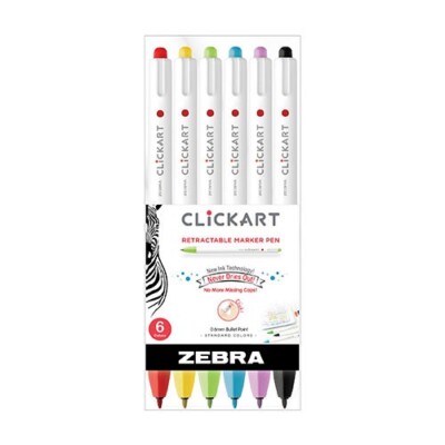 Zebra Clickart Retractable 0.6mm Marker Pen 6/Pk Asst Colors School Office Arts