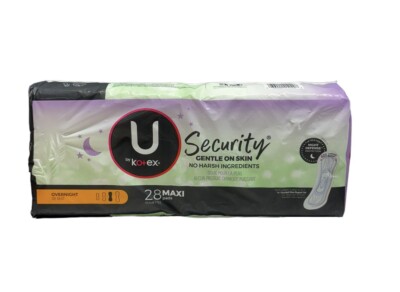 U By Kotex Security Maxi Pads GENTLE On Skin Overnight Night Defense, 28 Pads