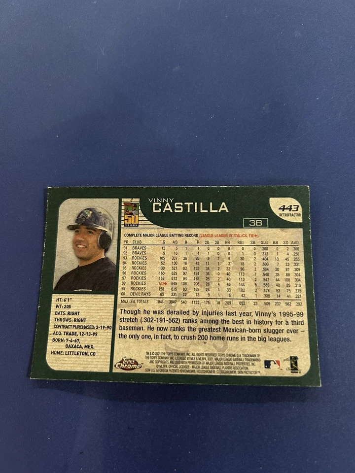 2001 Topps Chrome Retrofractor Vinny Castilla #443 Gold SSP - Image 2 of 3