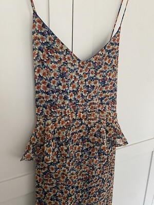 Zara Orange Blue Pink Floral Peplum Criss Cross Chiffon Maxi Dress Size L  UK