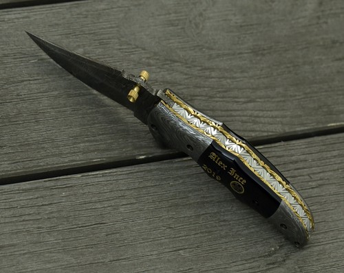 CUSTOM HANDMADE FORGED DAMASCUS STEEL EDC FOLDING BLADE POCKET KNIFE + SHEATH - Picture 9 of 9