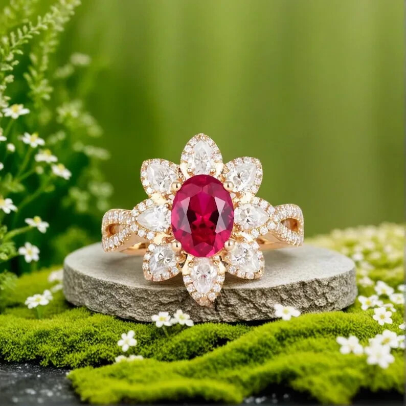 Oval Cut Simulated Ruby 2.80Ct Floral Engagement Ring 925 Yellow Sterling Silver