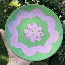 Mid-Century Modern Vintage Enamel Pink & Green Plate Tray Metalware Artist