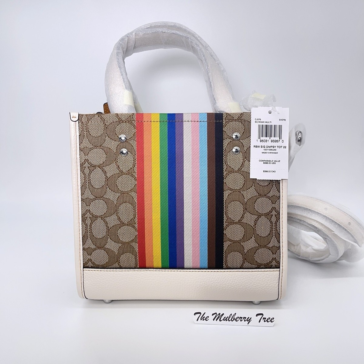 ✨美品✨☘️COACH☘️✨トートバッグ✨ 2way✨ヘリテージ✨ストライプ✨ Coach CJ576 Dempsey Tote 22 Khaki Signature Jacquard Rainbow