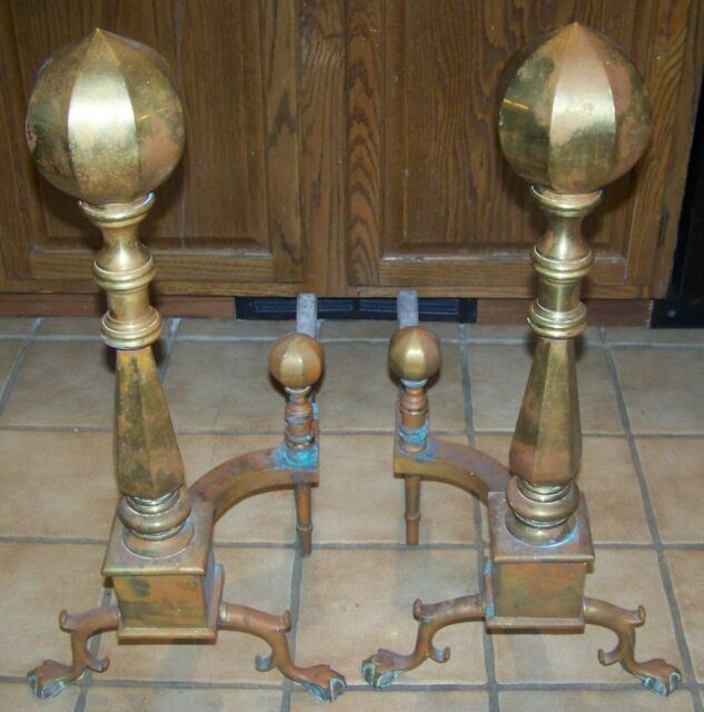 PAIR ANTIQUE BRASS CAST IRON LARGE FIREPLACE ANDIRONS MANOR HEARTH ESTATE 661.5