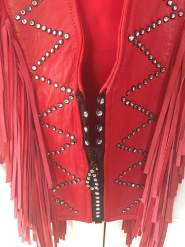 Kippys Vintage Leather Vest red white fringe Swarowski Crystal western cowgirl M - Picture 5 of 9