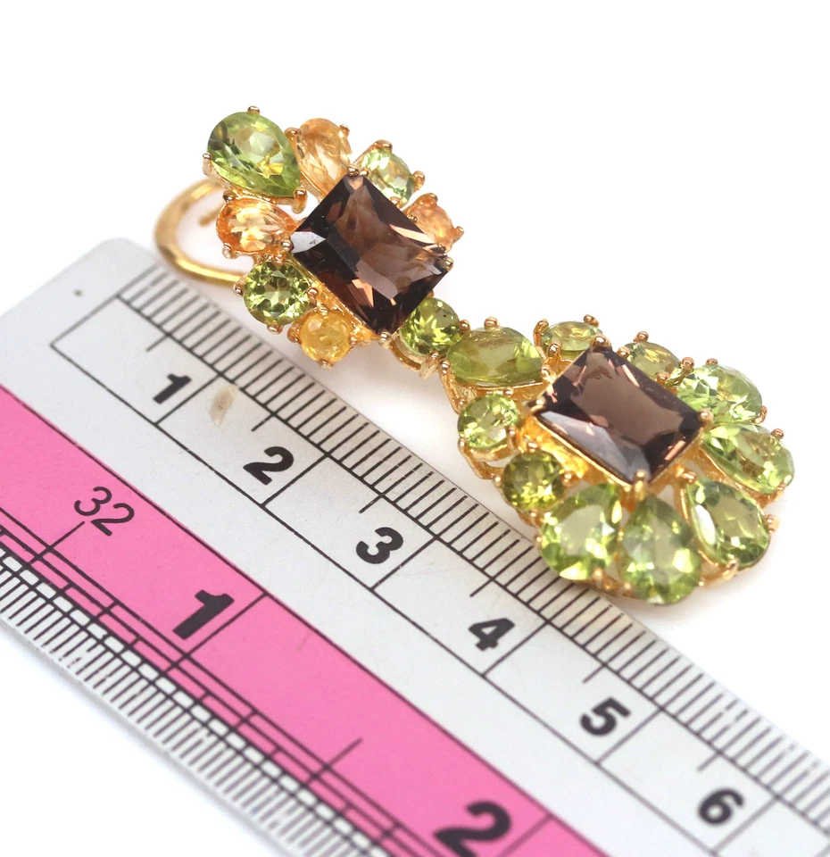 7 X 9 mm. Pendientes de cuarzo ahumado, peridoto, citrino y zafiro de plata de ley 925 Foto 3 de 4