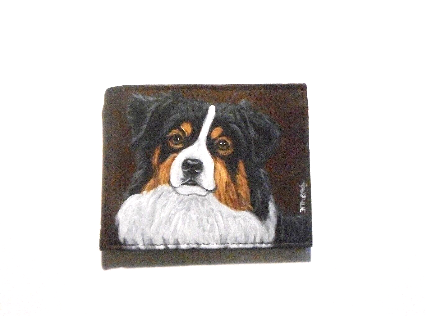Australian Shepherd Dog Wallet for Men Hand Painted Black Leather Bifold