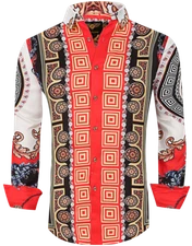 Mens PREMIERE Long Sleeve Button Down Dress Shirt SILKY WHITE RED GOLD LEAF 648N