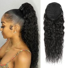 18in Human Hair Drawstring Ponytail Extension Water Wave Natural Black 1B