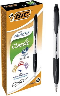 BIC Atlantis Clic Ball Pen - Black - Box of 12 Medium Point Office Pens (1.0 mm)