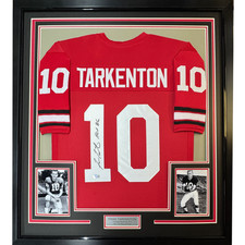 Framed Autographed/Signed Fran Tarkenton 35x39 Georgia Red Jersey Beckett COA