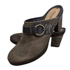 Clarks Artisan Block Heel Mules Clogs Brown Nubuck Sz 6.5 M Boho 31417