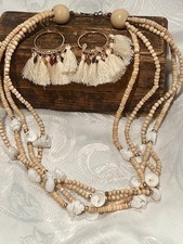 Four strand Seashell  wooden bead necklace / tassel earrings set