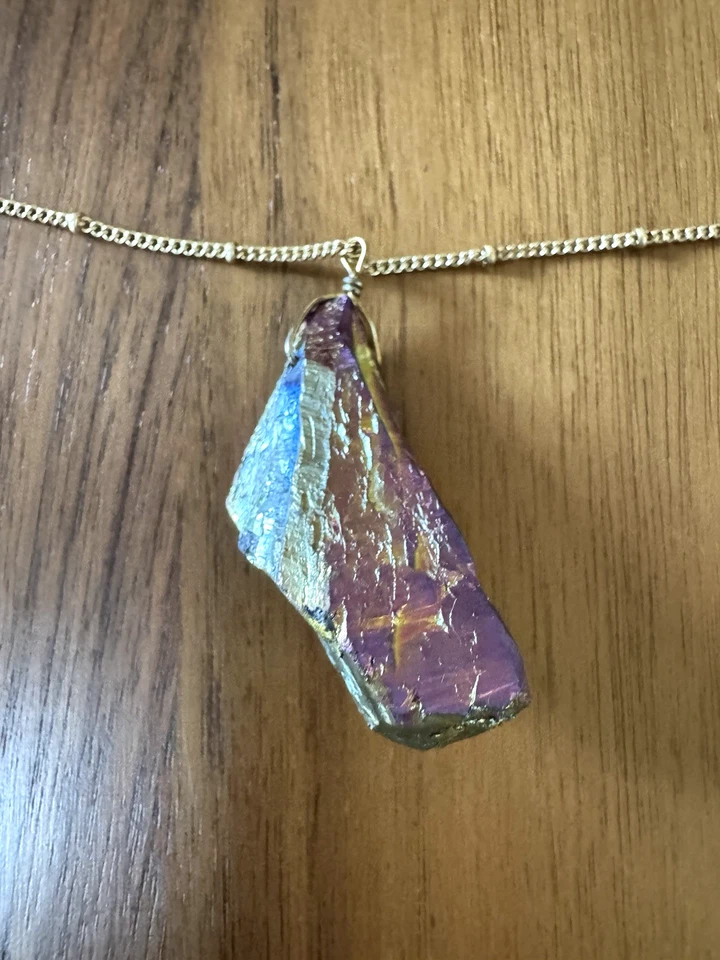 "Collar Colgante Cuarzo Aura Titanio 32"" Tono Dorado Boho Festival Joyería" Foto 3 de 4