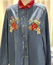 Bobbie Brooks Denim Shirt Christmas Appliqué Snowman Holly Vtg 16/18W Button Y2K