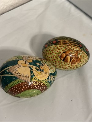 2 Kashmir India Hand Painted Lacquered Paper Mache Lidded Egg Trinket Box Vtg