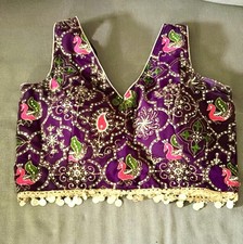 Purple Embroidered Choli with Peacock Design and Decorative Trim, Free Size