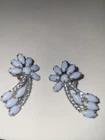 Vintage Prong Set Blue Milk Glass Blue  Rhinestone Clip Earrings Silver Tone