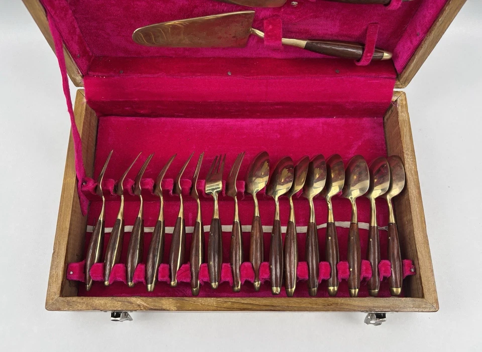 Juego de 8 cubiertos de postre de latón teca vintage Tailandia Siam con estuche de madera Foto 3 de 4