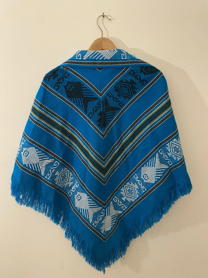 Poncho tejido algodón vintage talla única azul cuello flecos capa boho suroeste Foto 2 de 4