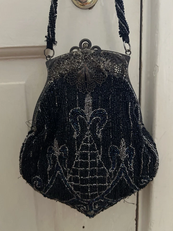 Antique c1920s Flapper Purse Art Nouveau Beaded Handbag w Ornate Frame  - Image 2 of 3