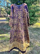 Pakistani Purple Long Maxi Style Embroidered Sequins Chiffon Dress,L