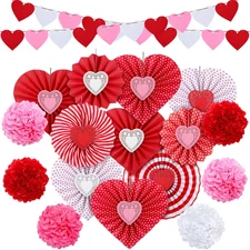 Pack of 28 Valentines Day Party Decorations Kit Heart Hanging Paper Fans Banner 