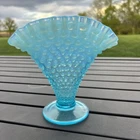 Fenton Blue Opalescent Hobnail Fan Vase about 6" tall