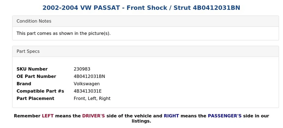 VW PASSAT 2002-2004 - Amortiguador delantero / puntal 4B0412031BN Foto 3 de 4