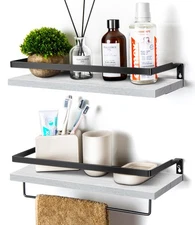 2 Pack White Floating Shelves for Wall with Towel Bar Wall Mounted Storage