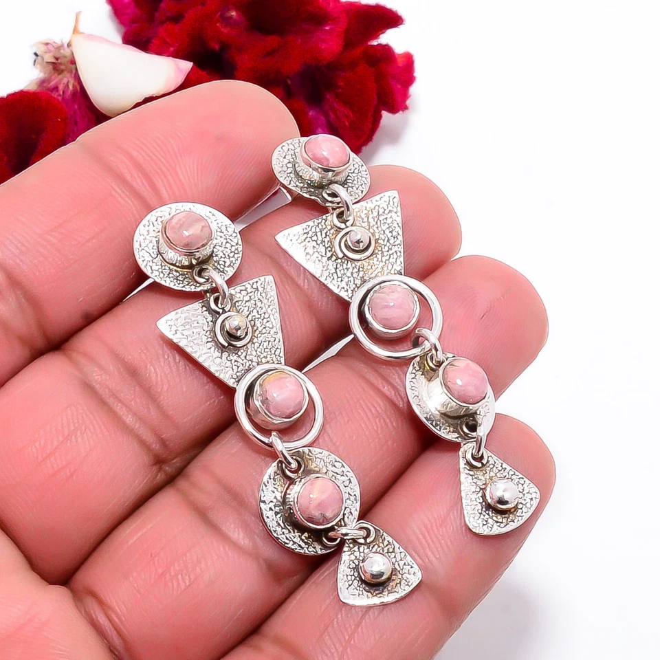 Rhodochrosite - Argentina 925 Sterling Silver Earring 1.95" Sk45, Christmas Gift - Image 4 of 4