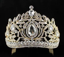 FANTASTIC AUSTRIAN CRYSTAL RHINESTONE TIARA CROWN W/ HAIR COMB PROM T1855G GOLD