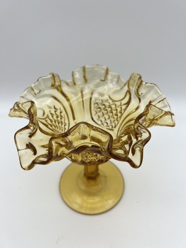 Vintage Fenton Art Glass Bursztyn Diament Point Marszczona miska na cokół - Zdjęcie 3 z 10