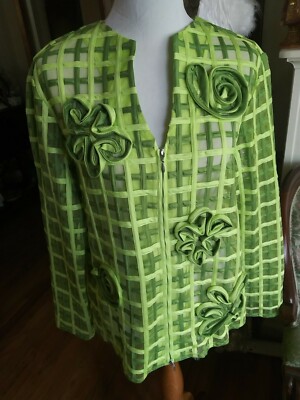 T & W Designs Lime Green Semi Sheer Jacket /Squares/ Appliques Zip Front Size XL