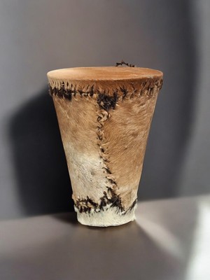 Vintage Percussion Traditional Indigenous Animal Skin Tribal Bongo Drum 15'' High