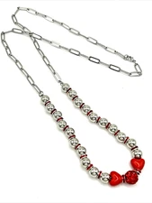 Valentine's Day Stainless Steel Beaded Chain Necklace 27"-Red Hearts-Rhinestones
