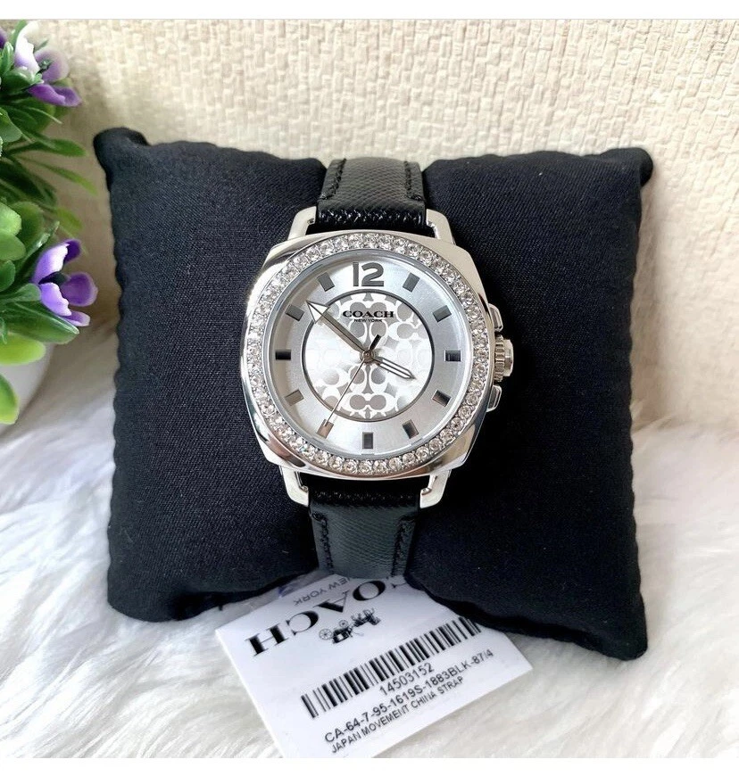 NWB 14503152 AUTHENTIC Coach Women Silver Tone BLACK Leather Strap 