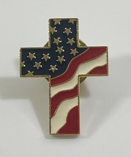 Patriotic Cross American Flag Pin, God and Country, Gold Plate, Made in the USA!