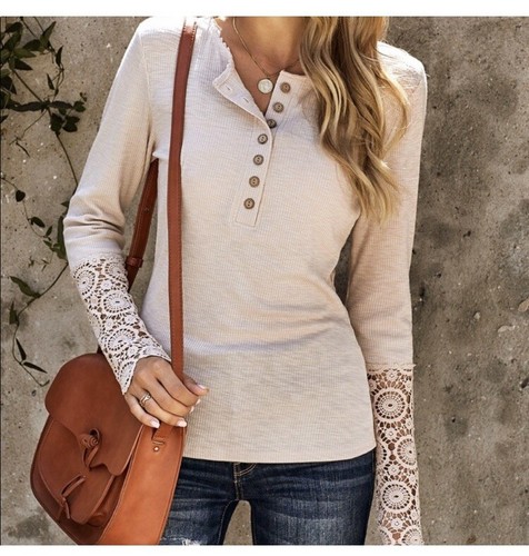 Women Beige XL Crochet Lace Hem Sleeve Button Top - Picture 3 of 5
