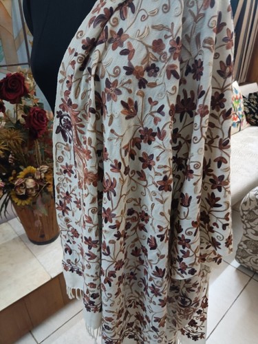 KASHMIRI CREWEL EMBROIDERED SHAWL 100% CASHMERE OFF-WHITE PASHMINA SCARF 30x76in - Picture 4 of 6
