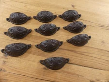 10 CAST IRON BROWN CUP PULLS DRAWER CABINET BIN HANDLES RUSTIC VINTAGE FARMHOUSE