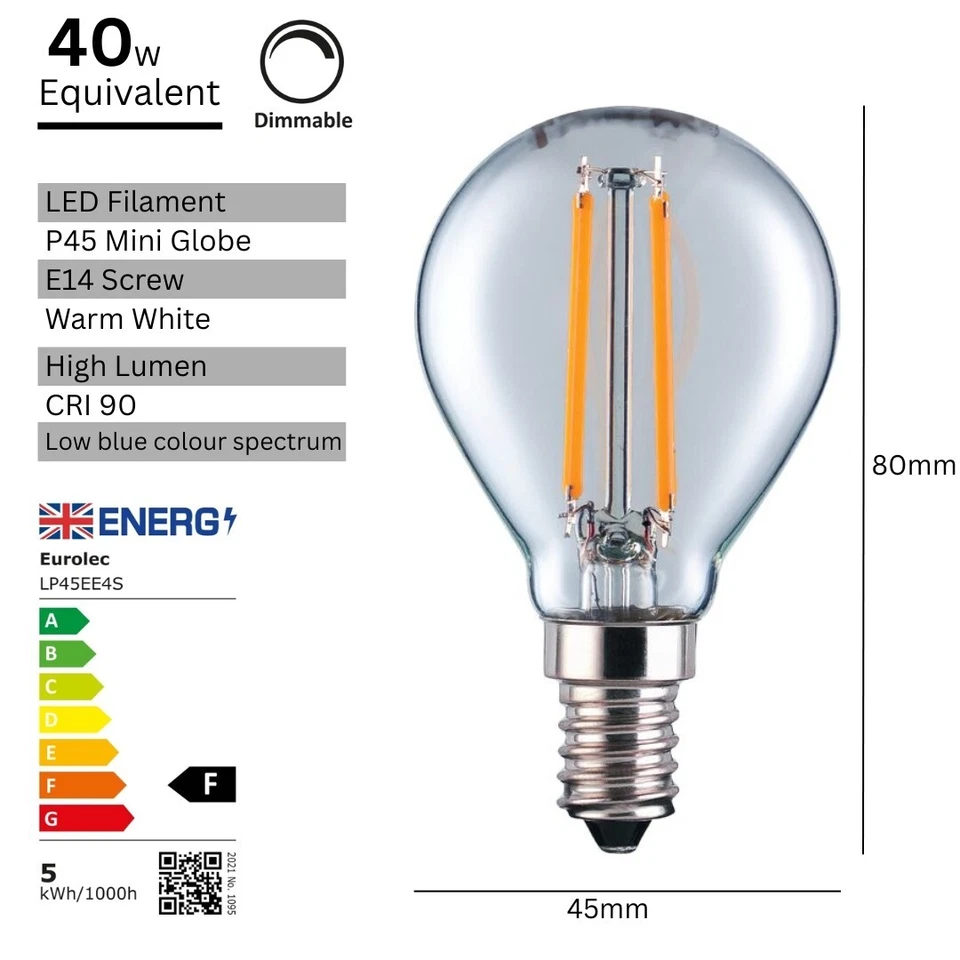 Eurolec P45 Clear Mini Globe E14 LED Clear Dimmable Light Bulb Pack - Image 2 of 2