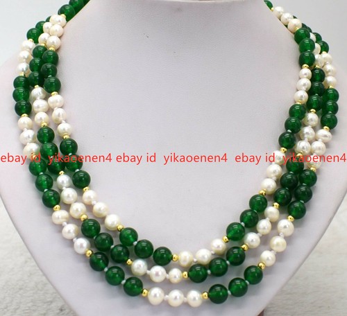 Pretty 8mm Green Jade 7-8mm White Pearl Beads Necklace 36-100inches - Picture 10 of 16
