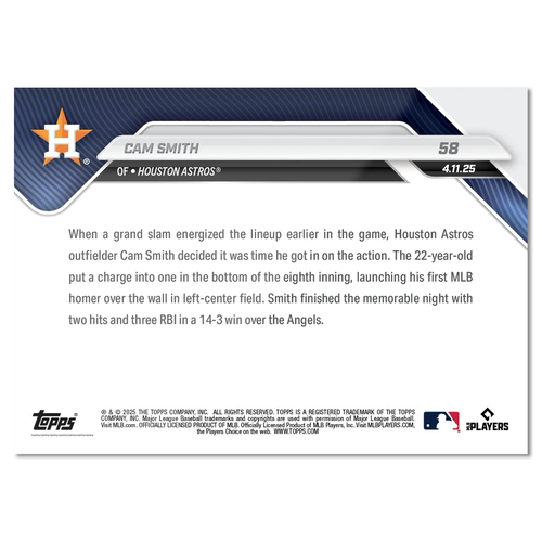 2025 Topps Now 58 Cam Smith Houston Astros RC 1° HR Tappi Grande Vittoria - Foto 2 di 2