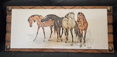 Vintage Mid Century Wild Horses Wood Plaque Art Print Rustic Western Decor