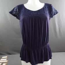 Womens Top Medium Blue Blouson Lace Trim Romantic Coquette Knit Flirty Basic