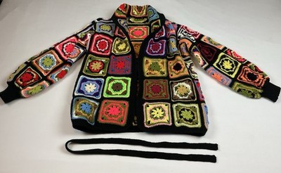 Vintage 70S style, crochet quilt, granny squares, knit cardigan, hippie Roseanne