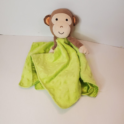 Okie Dokie Green Minky Dot & Satin Brown Monkey Security Blanket Lovie Lovey 14''